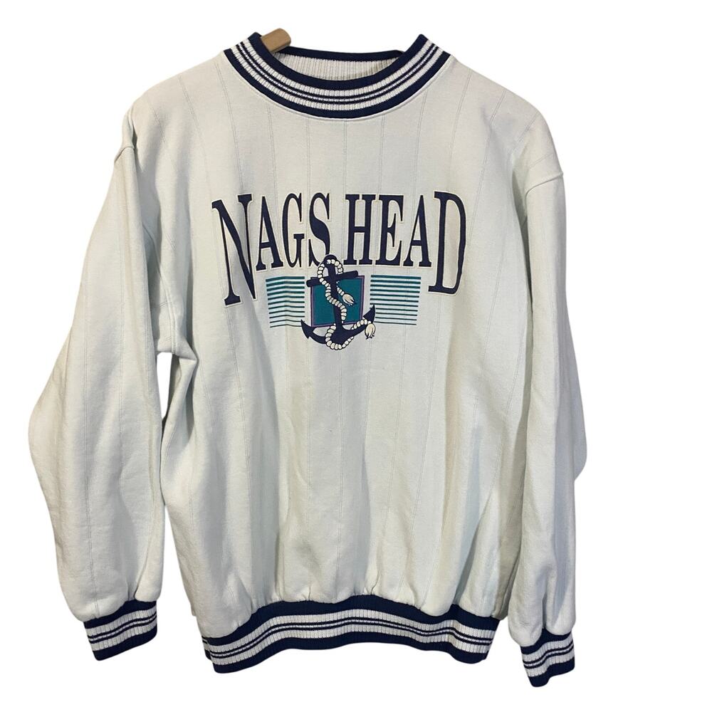 Vintage Nags Head White Blue Nautical Sailor Anchor Crewneck Sweatshirt Sz L